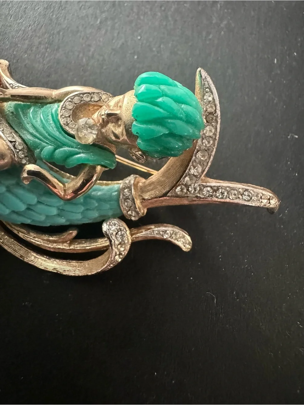 Vintage Unsigned Carnegie Figural Faux Jade Boy Riding Dolphin Fish Brooch Pin
